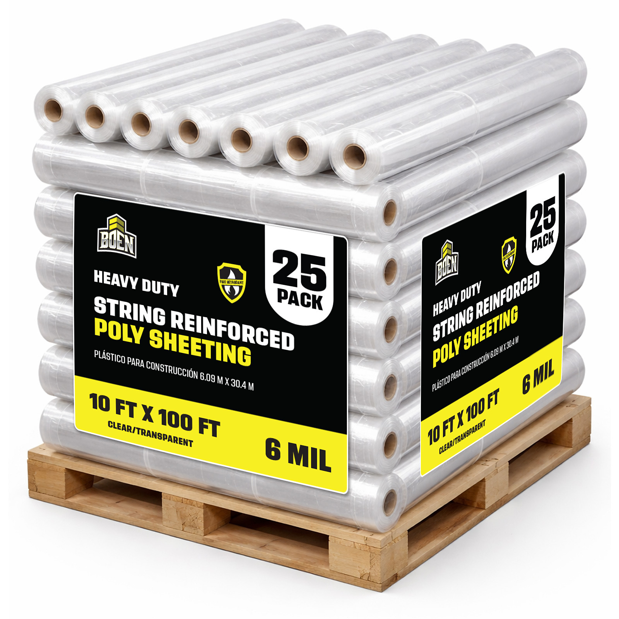 Boen Fire Retardant String Reinforced Plastic Sheeting 10 ft x 100 ft, 25-Pack, 6 Mil Heavy-Duty for Dust Containment, Vapor Barrier & Jobsite Protection